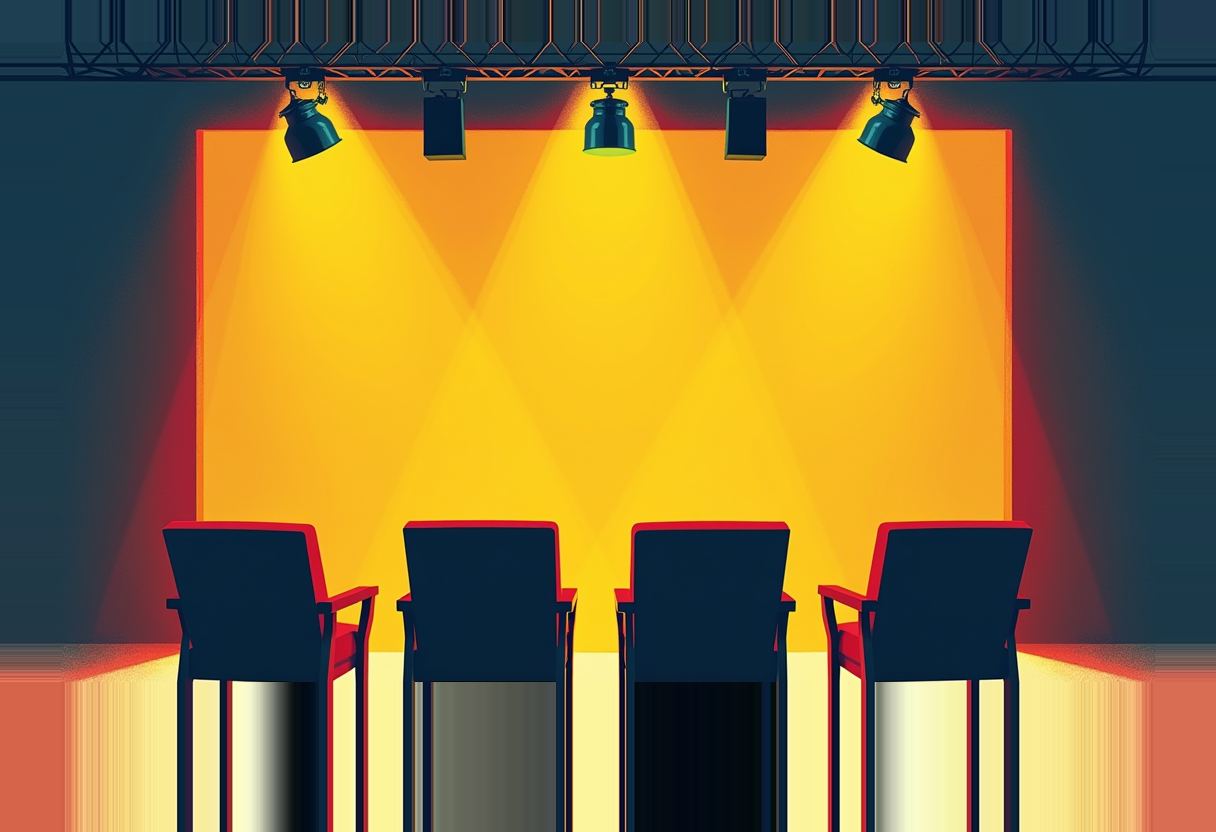 Four empty dark-blue chairs with red trim face a glowing orange backdrop lit by five overhead spotlights on a rigged truss.