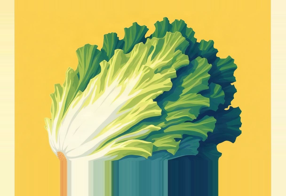 A single lettuce leaf head, white at the base fading to green and dark teal at the ruffled edges, against a yellow background.
