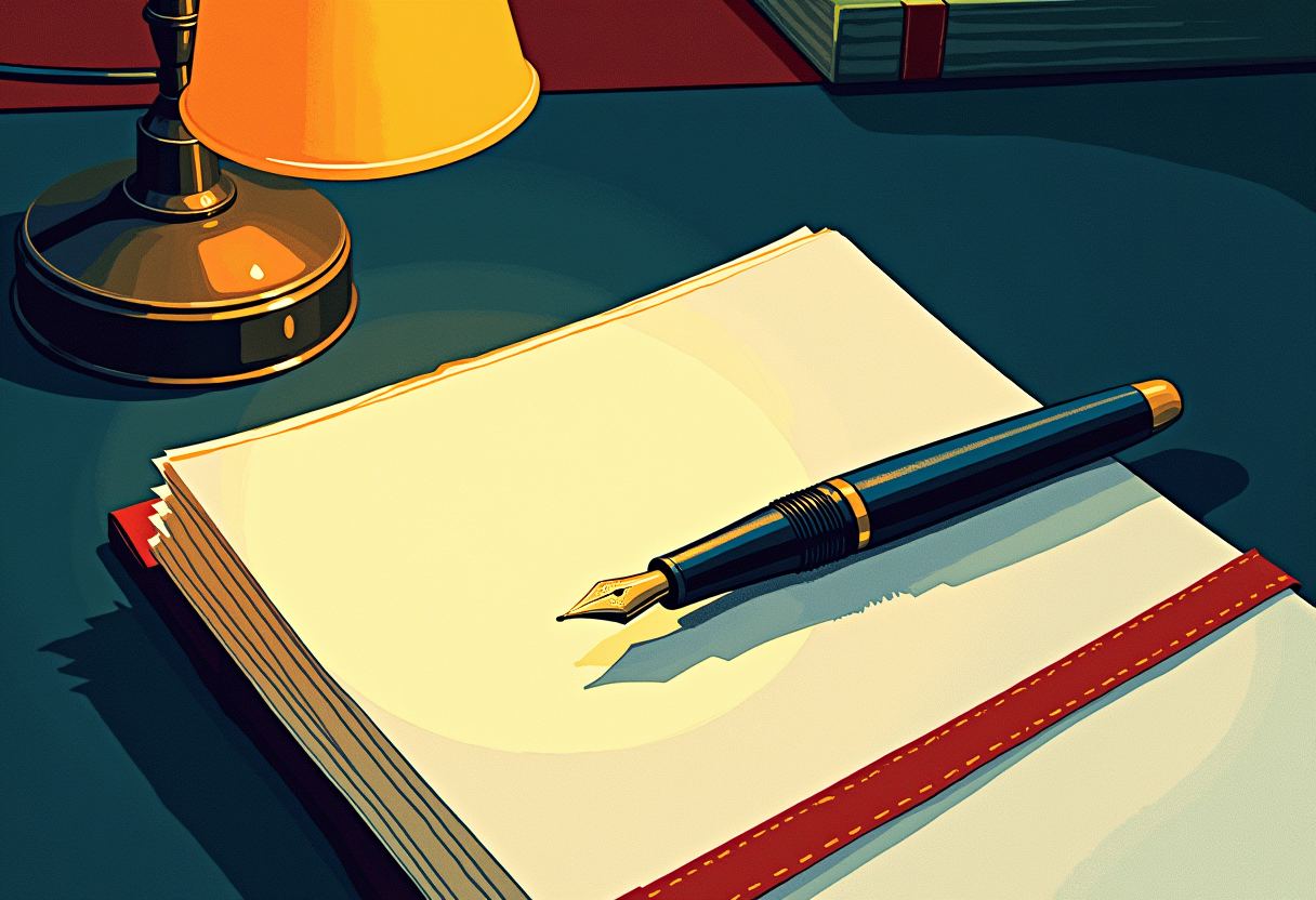 A gold-nibbed fountain pen rests on an open blank notebook with red-stitched edges, lit by a brass desk lamp on a dark teal desk.