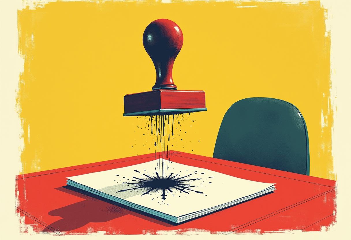 A large red rubber stamp hovers dripping black ink onto a paper stack on a red desk beside an empty green office chair, against a yellow background.