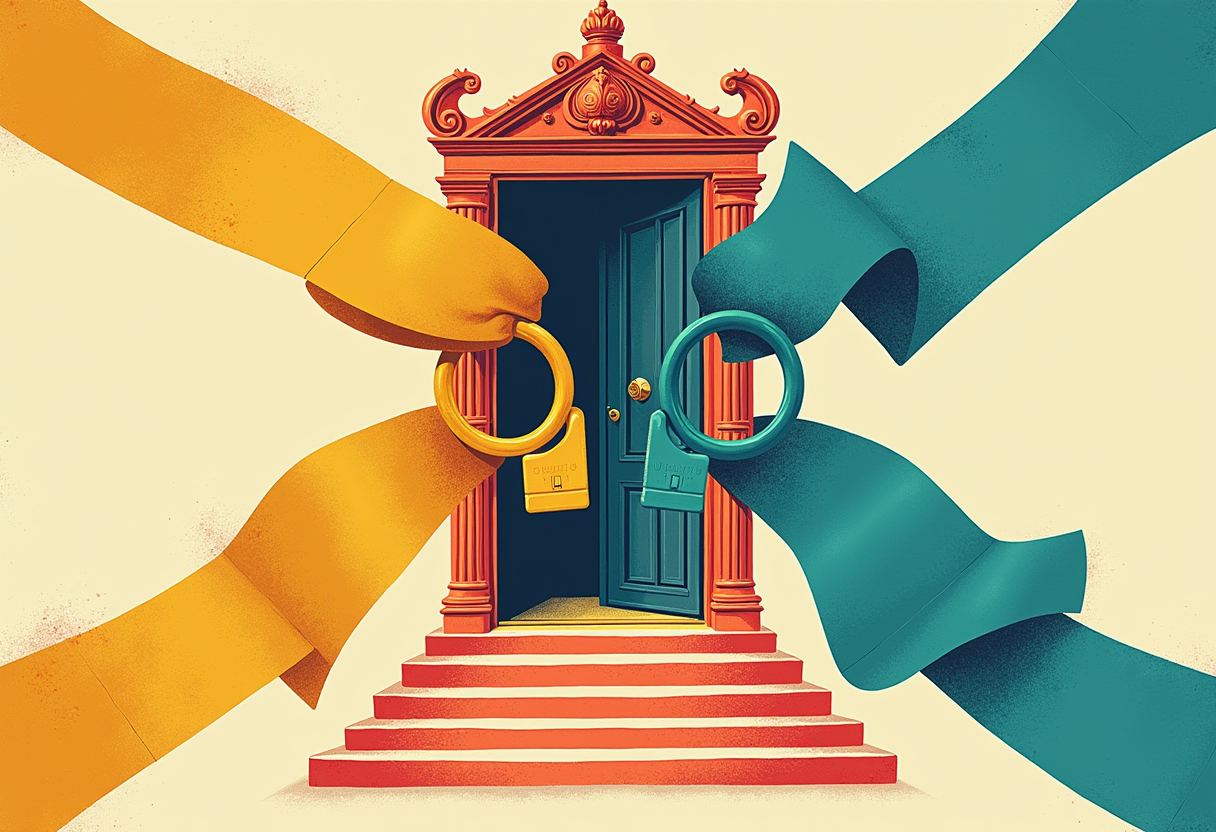 Two arm-like ribbons, one yellow and one teal, each grip a large ring on either side of an open red courthouse doorway with steps below.
