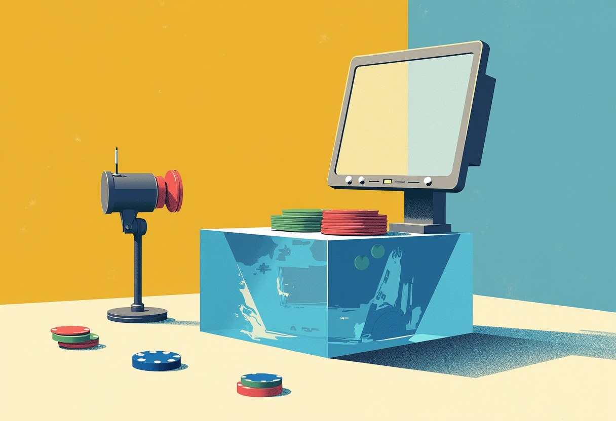 An abstract risograph: a blank broadcast teleprompter screen sits atop a translucent block of ice with money frozen inside, stacks of casino chips on top and scattered on the floor, under a studio light.