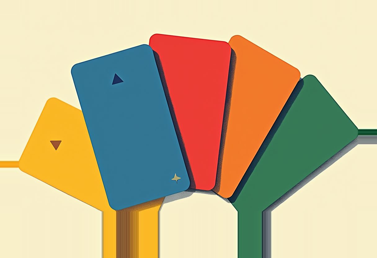 Five fanned rectangular cards in yellow, blue, red, orange, and green, each with a thin stem below leading off-panel, on a pale cream background.