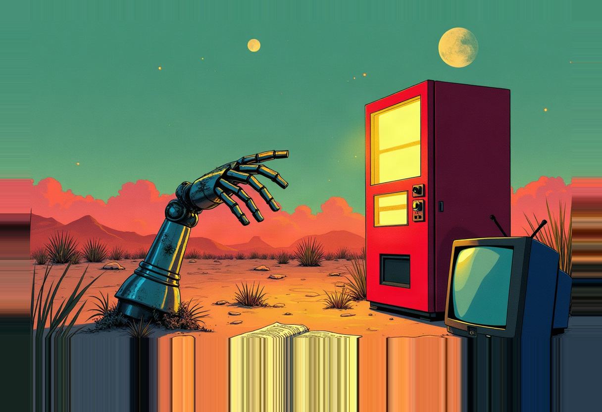 A metal robotic arm rises from desert sand near an open book, reaching toward a red vending machine and an old TV with antennas, under a green sky with two moons.