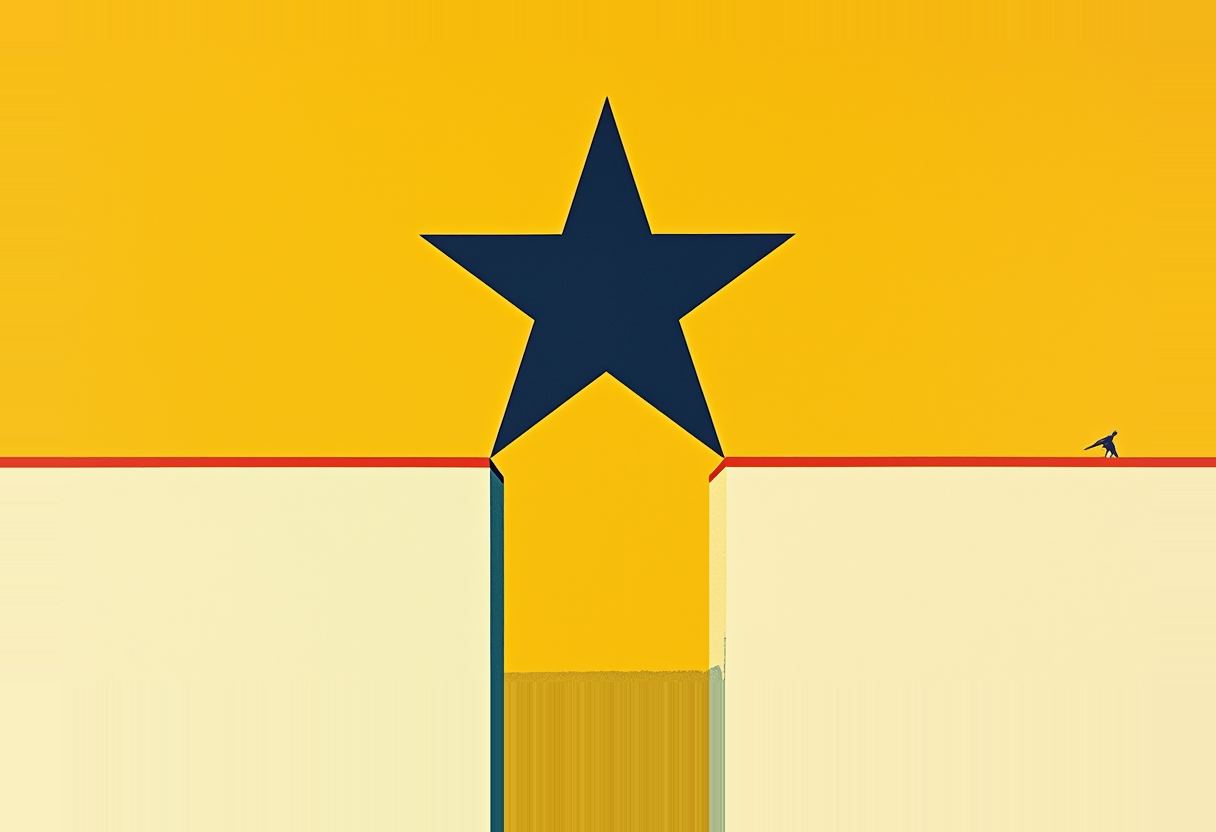 A large dark blue star sits above a gap in a red line, over a narrow yellow column, as a tiny dark figure walks the line further right.
