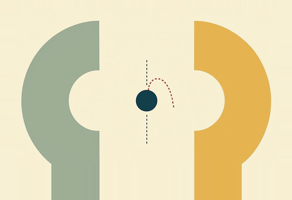 A dark teal dot sits between two large facing C-shapes, sage green on the left and gold on the right, with a black dashed vertical line and a red dashed arc crossing near the dot.