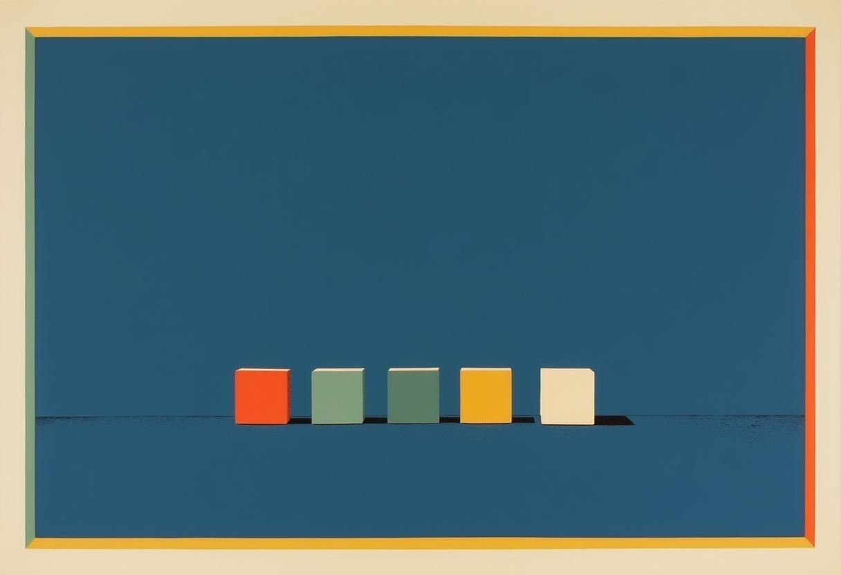 Five small cubes—orange, sage green, teal, yellow, cream—stand in a row on a dark teal ground with a multicolored border frame.