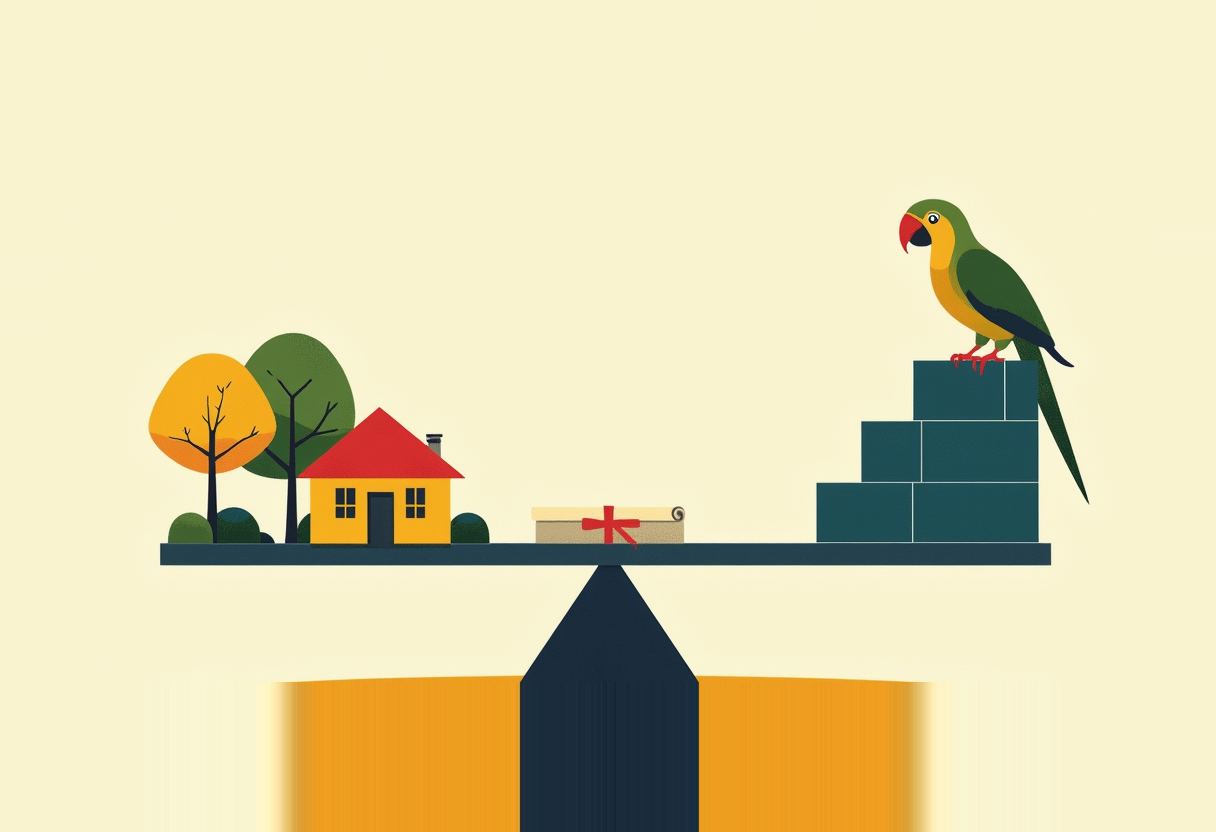 A flat-design illustration of a seesaw balanced on a pencil tip, with a yellow house, trees, and a tied scroll on the left side balancing a green parrot perched on dark blue blocks on the right.