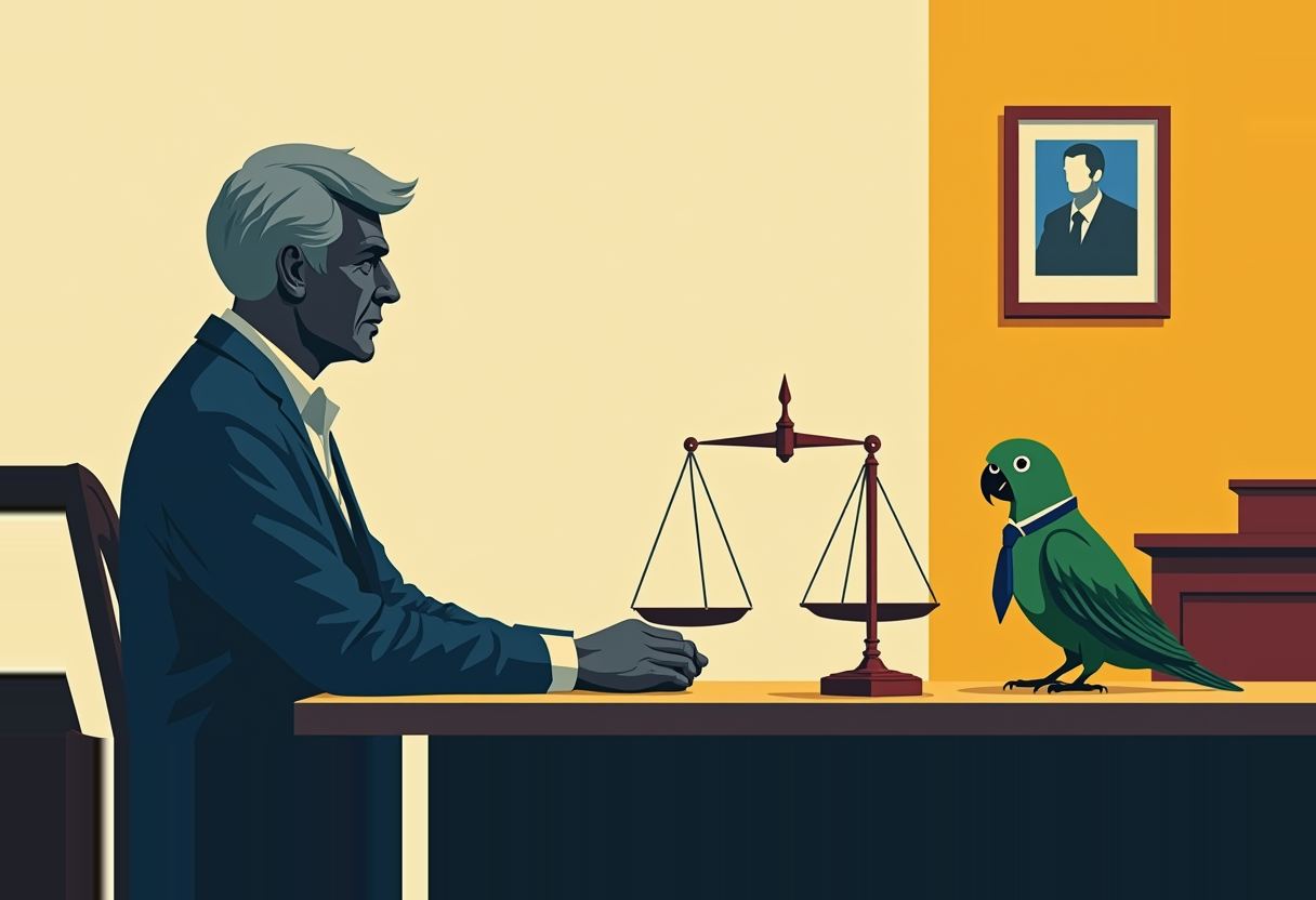 A man with swept-back grey hair sits at a desk facing a green parrot wearing a blue tie, an evenly balanced scale between them, portrait on the orange wall behind.