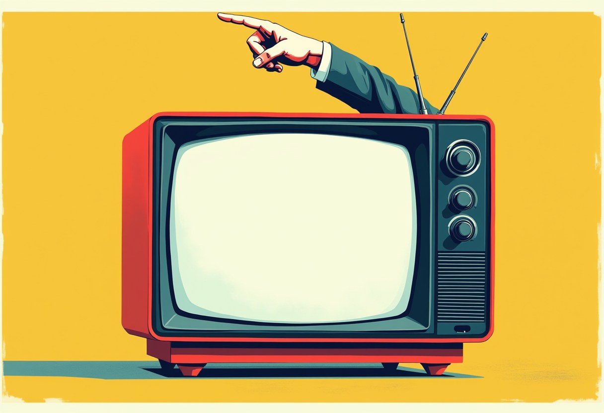 Editorial illustration of a TV lower-third caption bar peeling off the screen and hardening into a pointing hand