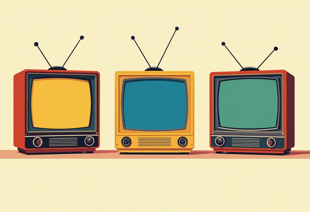 Three vintage television sets side by side, each with a blank, differently colored screen — one yellow, one blue, one green — and no caption on any of them. Risograph style, warm cream background.