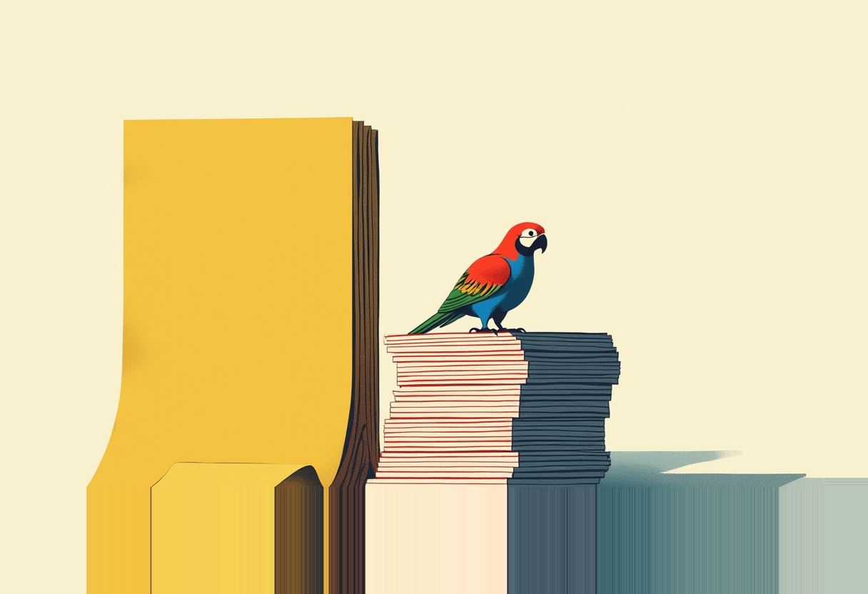 A red, blue and green parrot perches atop a stack of documents beside an oversized yellow file folder against a pale cream background.