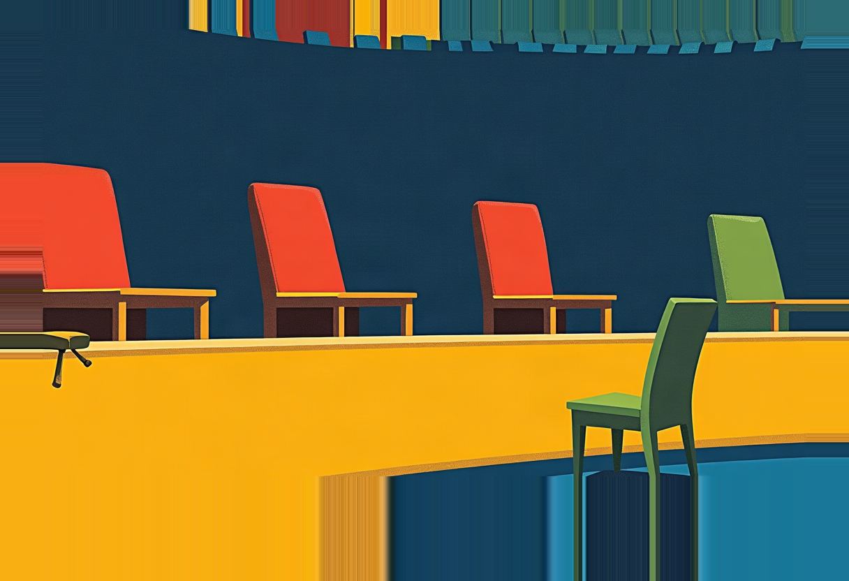 Flat screenprint graphic of an empty Senate hearing dais with four vacant chairs, one askew