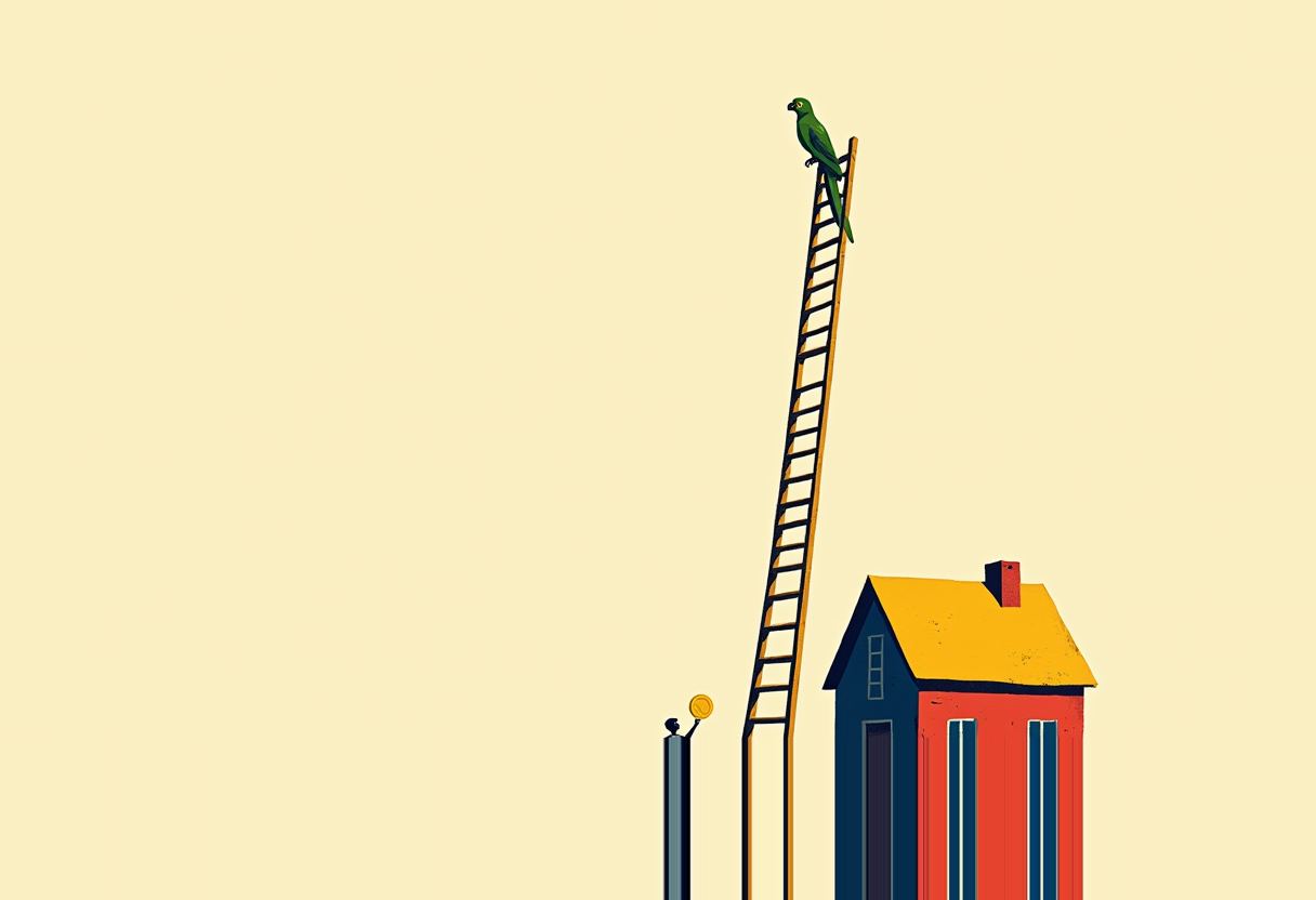 A green parrot sits atop a tall yellow ladder leaning against a small navy house with a yellow roof and red walls, beside a thin post holding a coin.