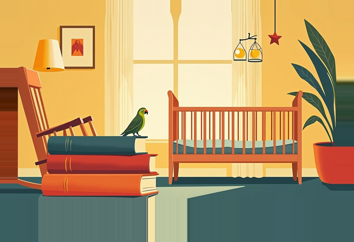 A green parrot perches on stacked books beside an empty wooden crib and a mobile, in a yellow room with a plant and rocking chair.
