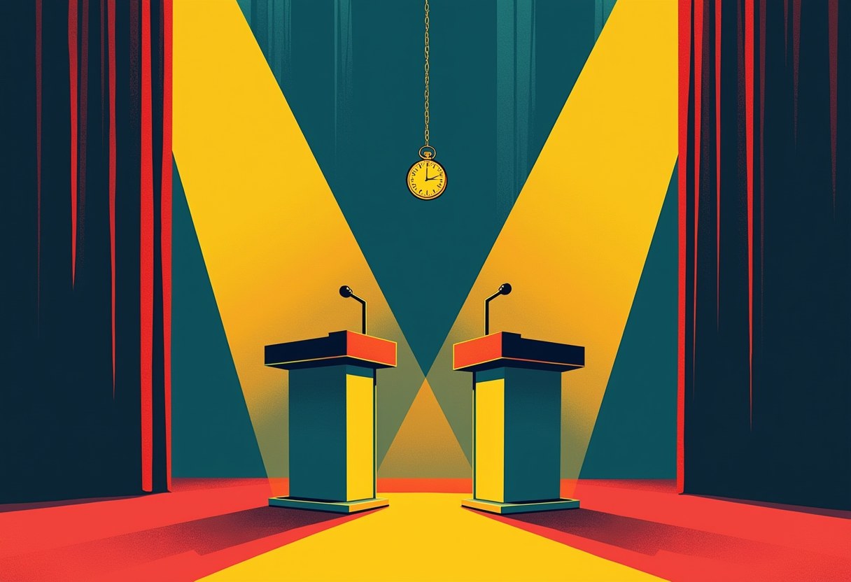 Editorial illustration of two back-to-back news podiums, each lit while a black curtain falls over the other, a stopwatch between