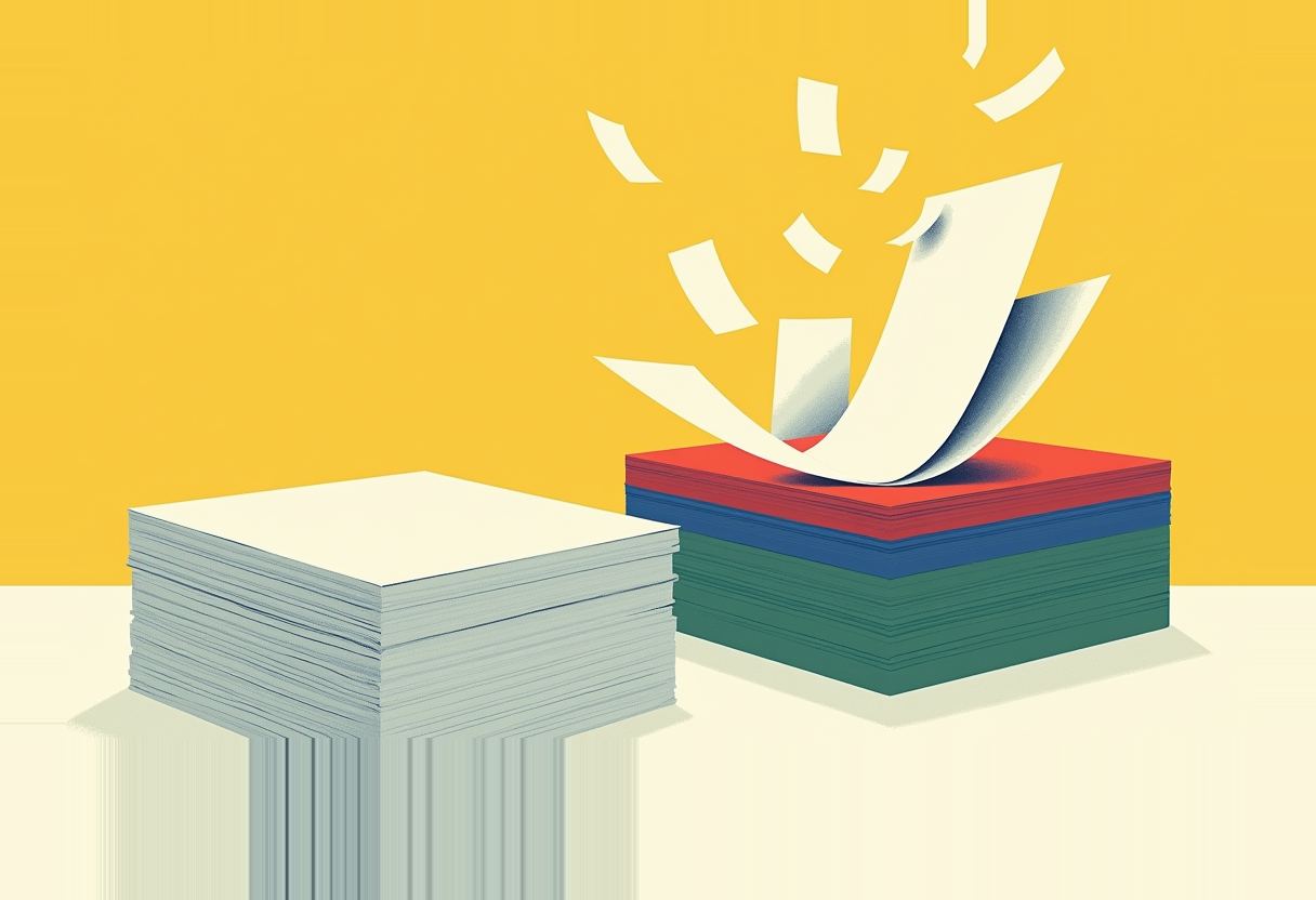Two paper stacks on a yellow background: a plain grey stack beside a red-blue-green layered stack with a sheet flying up, shedding torn scraps.