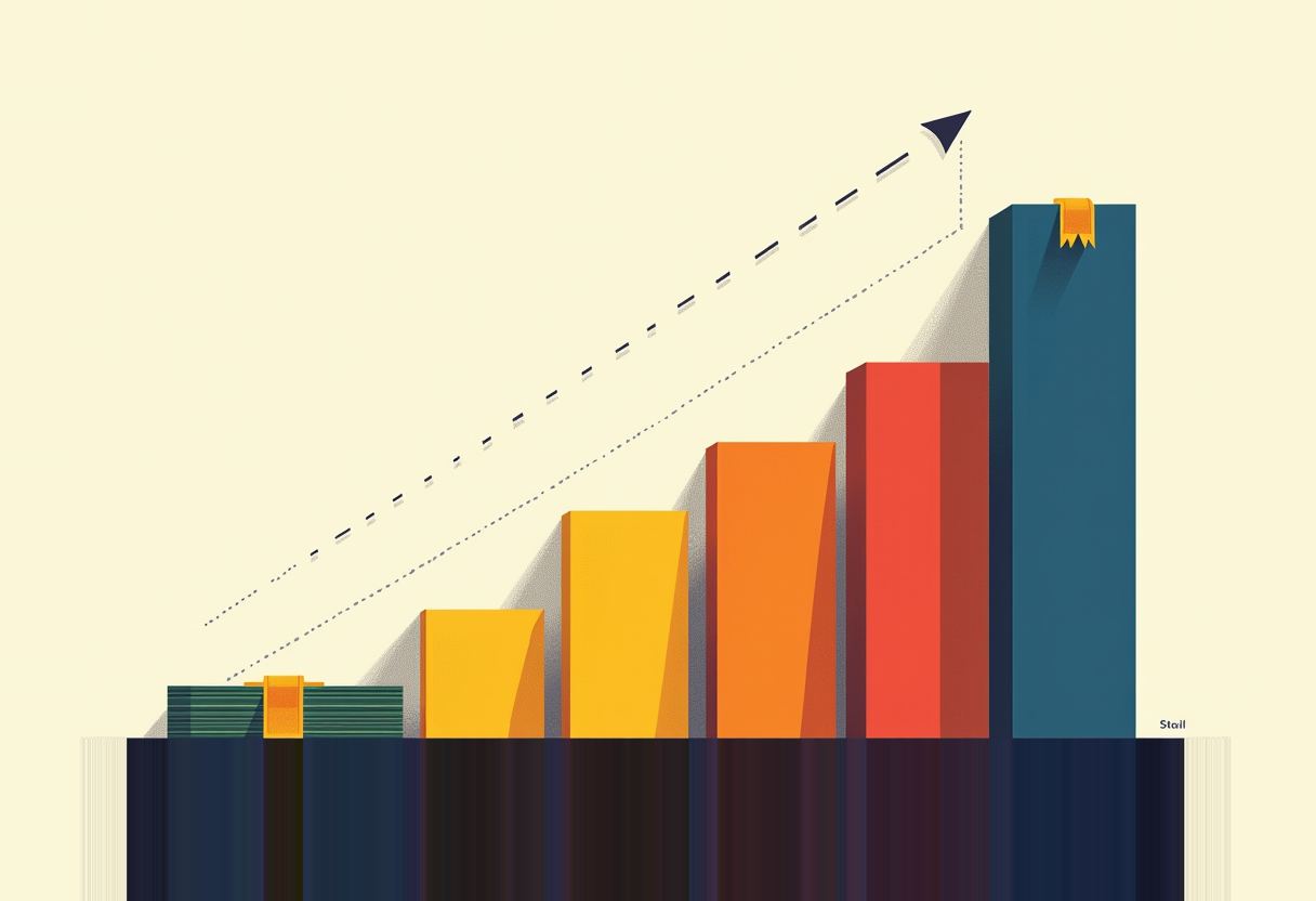 Six ascending bars in green, yellow, orange, red and teal rise left to right, the tallest teal bar topped with a gold ribbon, an upward dashed arrow above.