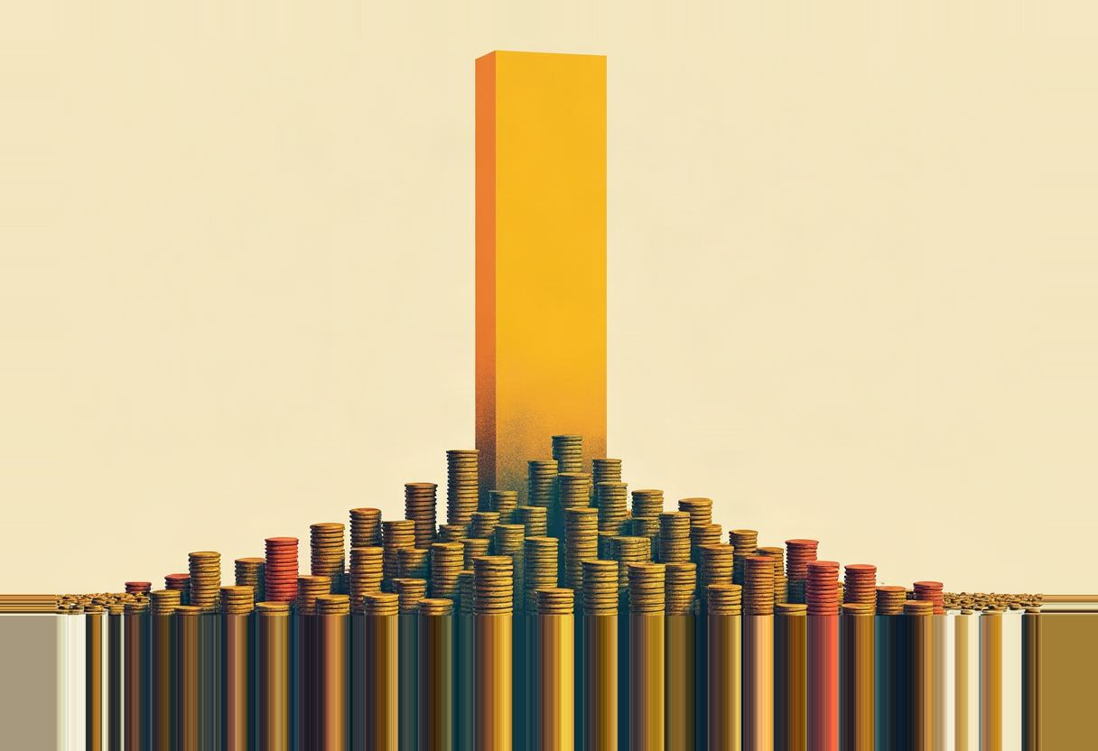 One tall solid orange bar rises far above a bell-shaped cluster of shorter stacked coins, mostly gold with a few red, on a pale cream background.