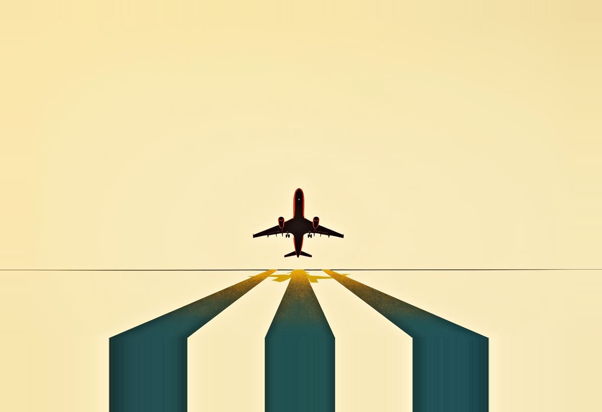 A dark silhouetted jet with a red-orange outline flies above a horizon line, casting three teal-striped shadow beams on a pale yellow background.