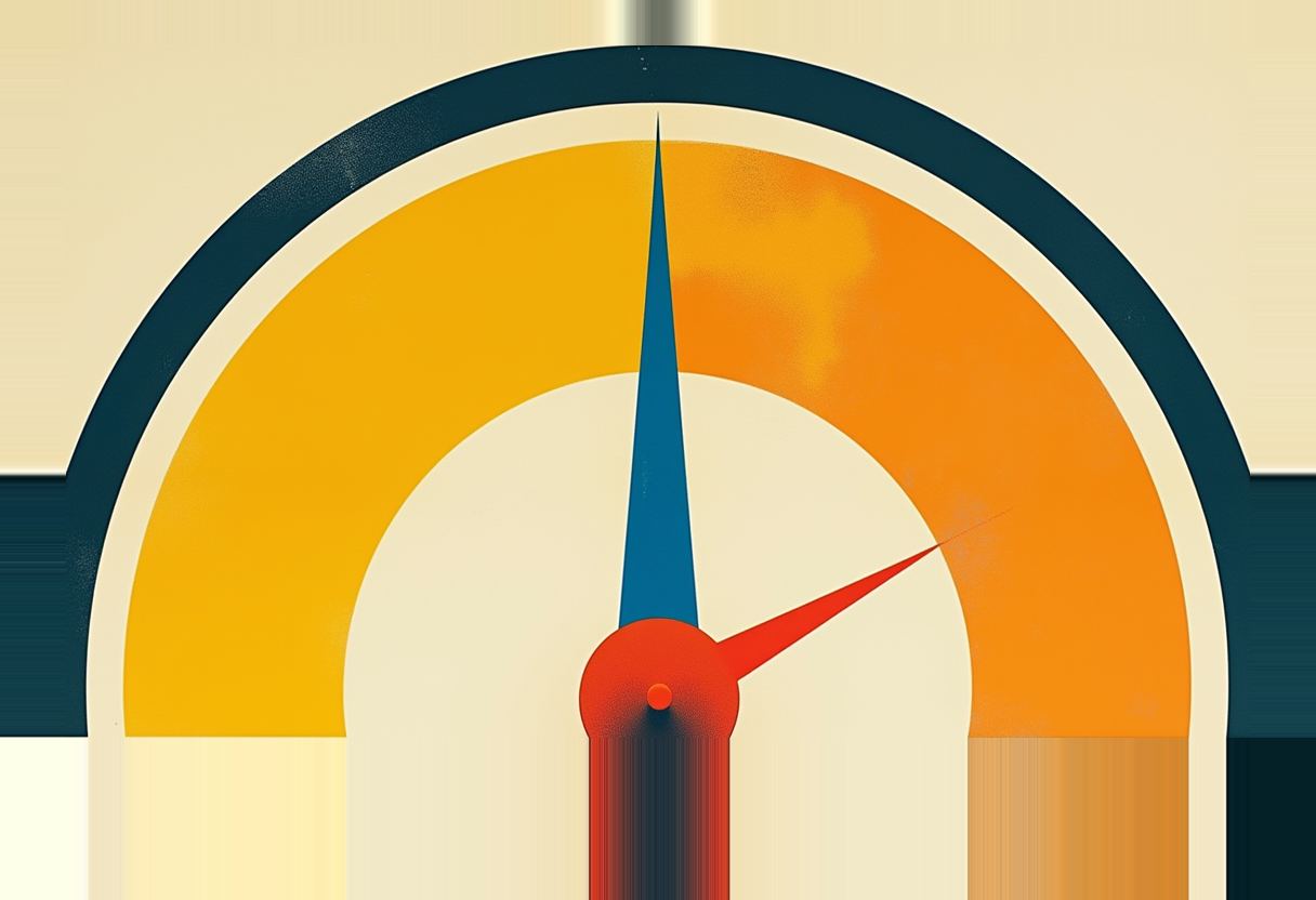 A half-circle gauge with yellow and orange bands, a dark navy outer ring, a thin blue needle pointing straight up, and a red needle pointing to the upper right on a cream background.