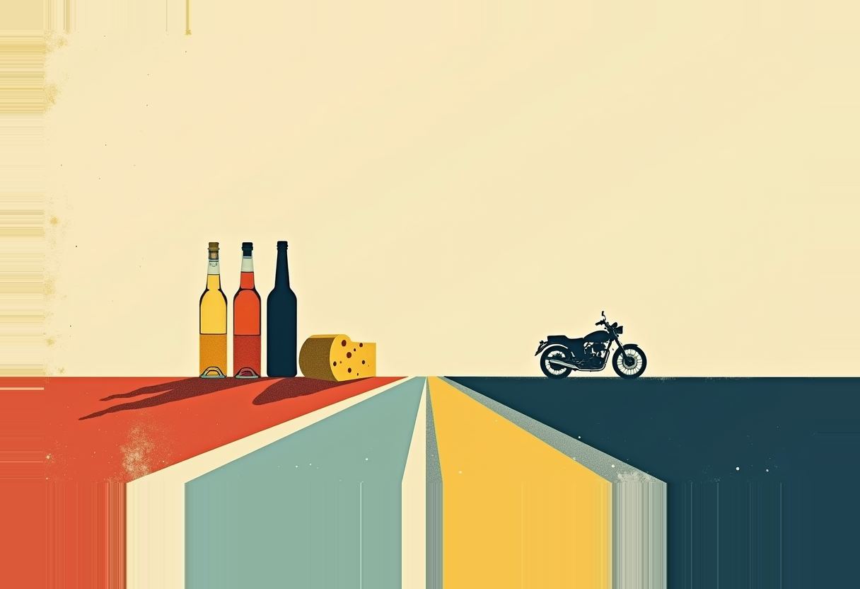 Three bottles and a wedge of cheese sit on a red platform, a motorcycle silhouette on a dark blue one, split by red, teal, yellow and navy diagonal bands.