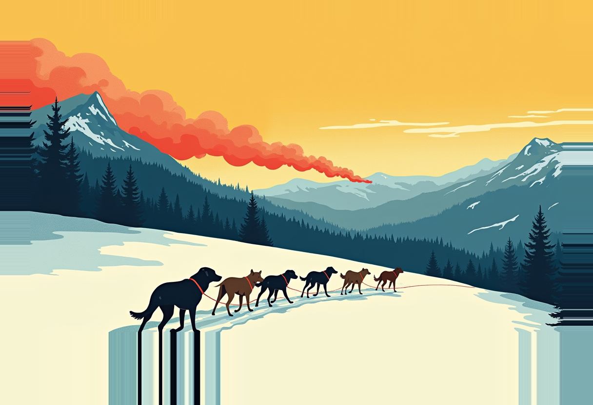 A line of six sled dogs on red leashes crosses a snowy slope below snow-capped mountains, with an orange plume of smoke drifting across a yellow sky.