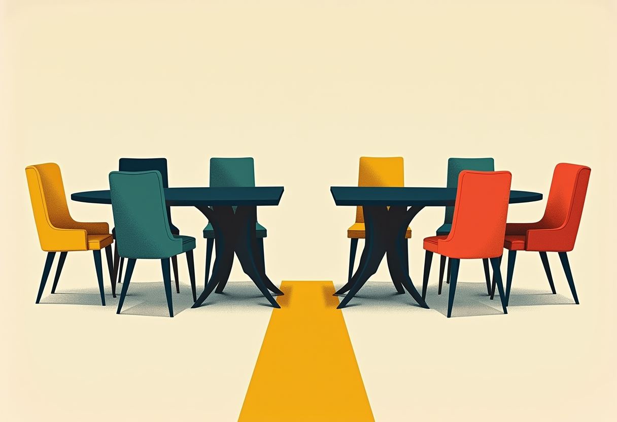 Two round dark-blue tables with yellow, teal, and red upholstered chairs sit apart on a cream background, split by a yellow path down the middle.