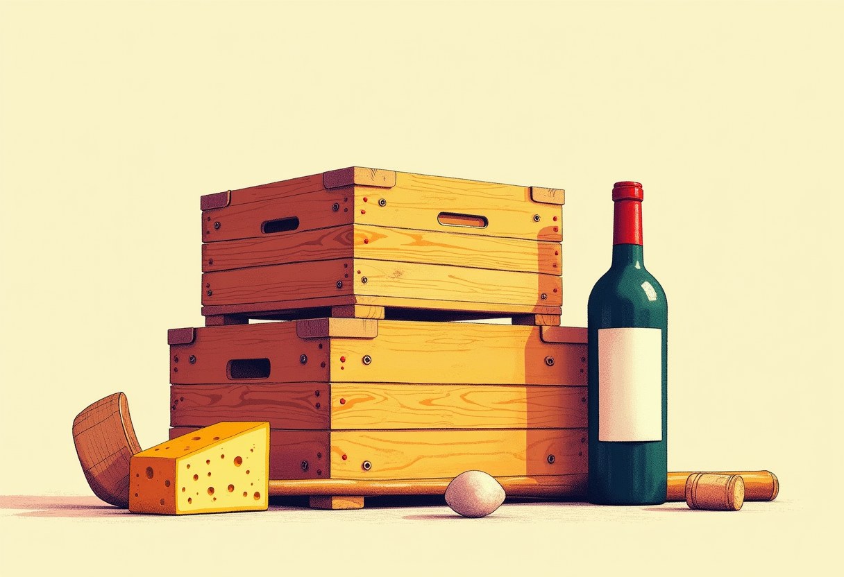 Two stacked wooden crates with identical lids, a hockey stick, a wedge of cheese, and a corked wine bottle with a blank label