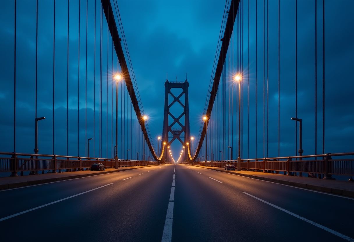 An empty suspension bridge roadway at dusk, lit by streetlamps, with two parked cars, cables converging toward a central tower under a deep blue cloudy sky.