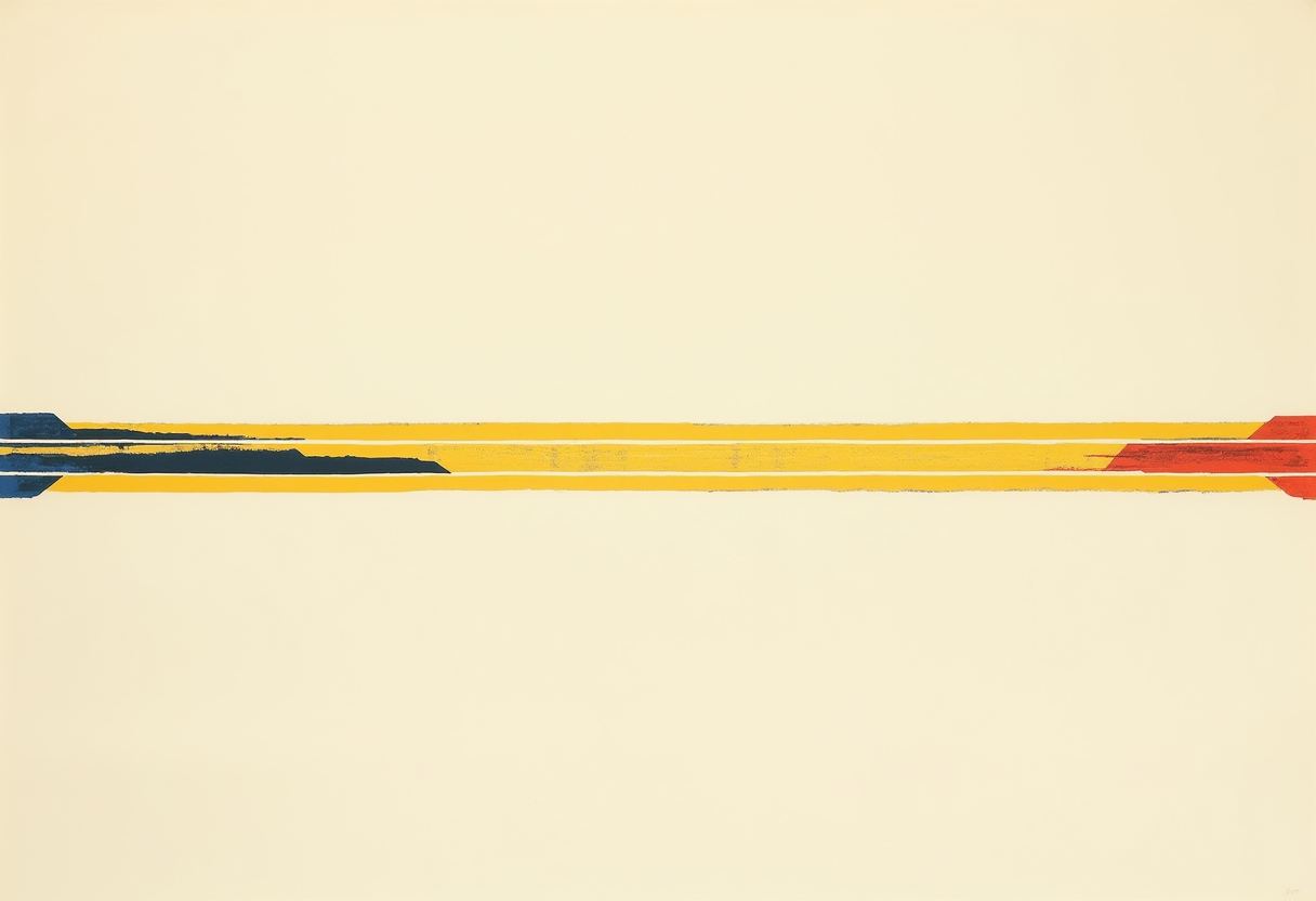 A thin horizontal yellow band with two white pinstripes stretches across a cream background, ending in a dark navy shape on the left and a red shape on the right.