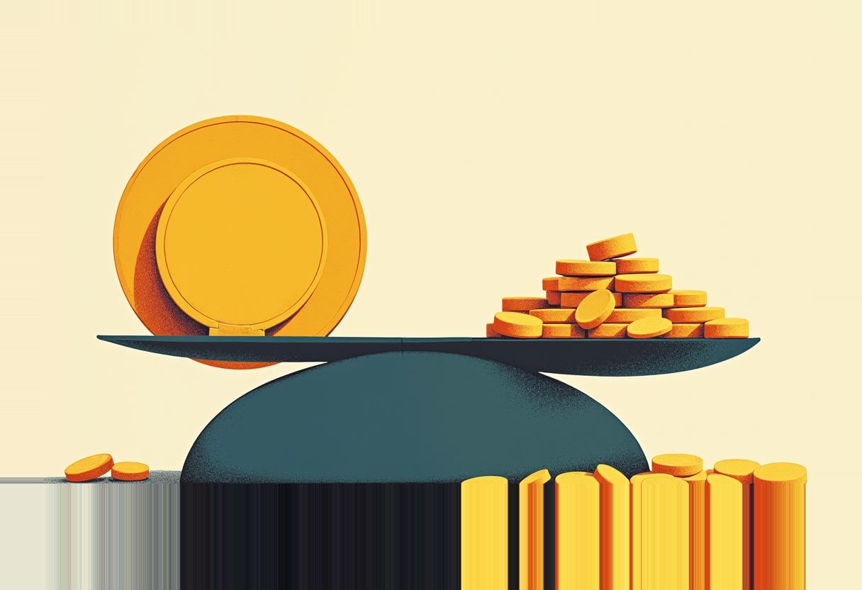 A dark teal balance scale on a cream background weighs one large gold coin against a stacked pile of smaller gold coins, with more coin stacks in the foreground.
