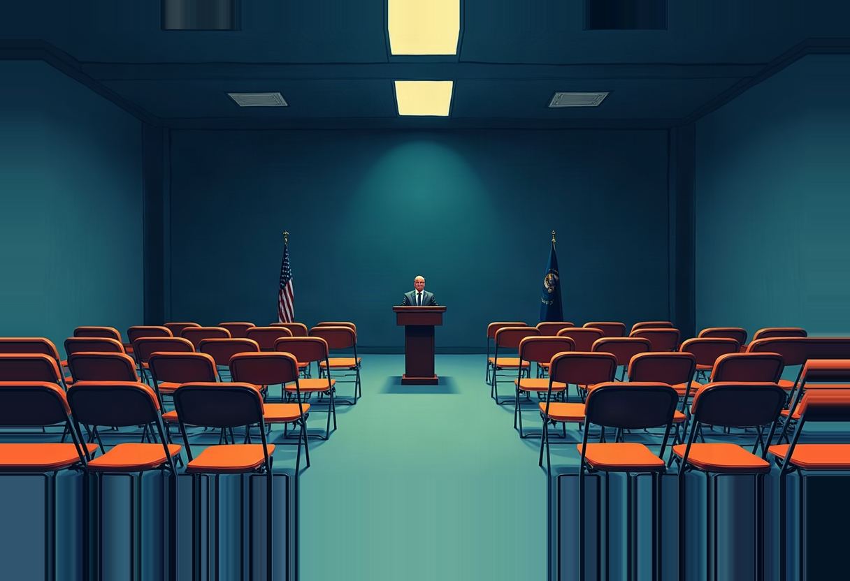 A man in a suit stands at a podium in an empty teal-toned room, flanked by a U.S. flag and another flag, rows of empty orange folding chairs on both sides.