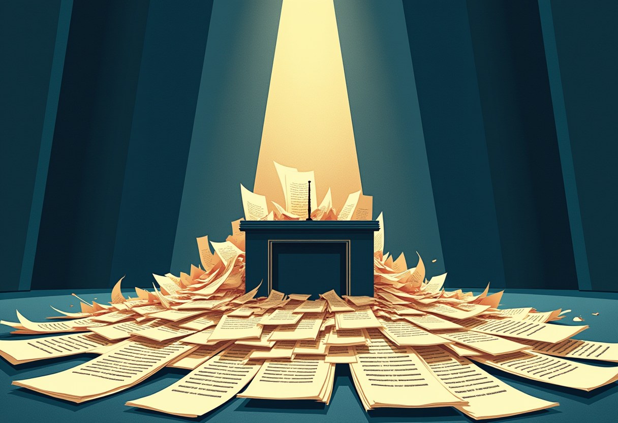 An empty government lectern in a dim hall under a single shaft of light, half-buried in a cascade of loose document pages spilling across the floor; two-color riso, no text.