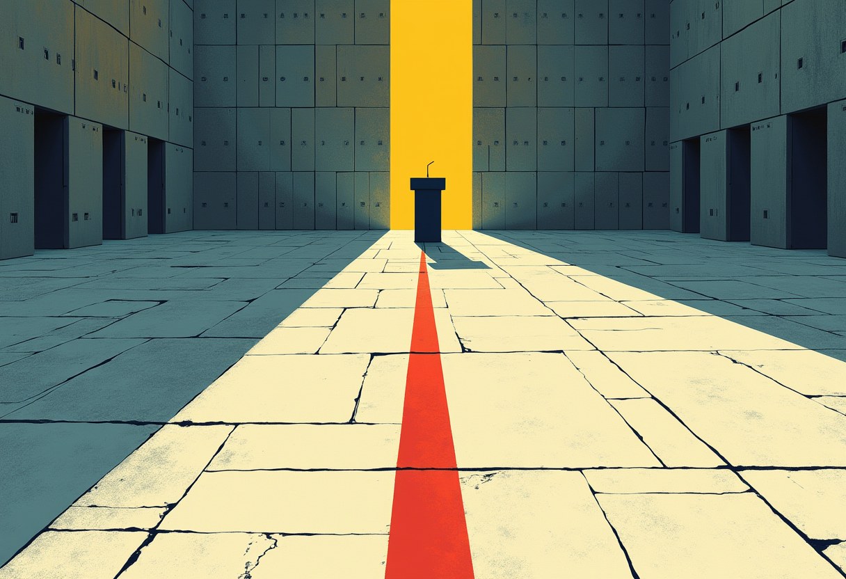An empty lectern in a vast concrete chamber walled with many identical closed panels, a hard line running across the cracked floor. Risograph, slate-blue, oxblood and ochre, no text.