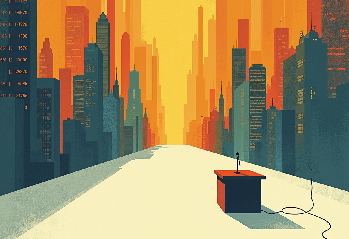 A retro risograph skyline in orange and teal: an empty podium with a microphone on a rooftop, its power cord unplugged and trailing loose, faint illegible ledger numbers stacked at the edge of the frame.