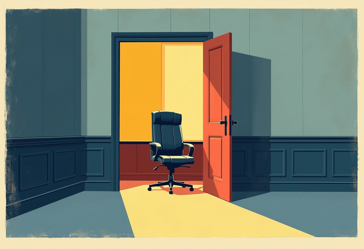 An abstract risograph: an empty high-backed office chair sits alone in an open doorway of a government office, cold light spilling across the floor -- the vacated post.