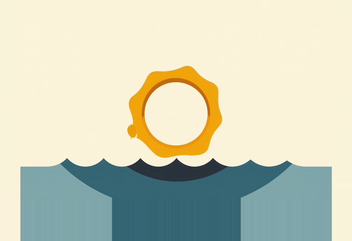 A gold scalloped seal or life-ring shape floats above stylized teal ocean waves on a cream background, with a small orange dot on its left edge.
