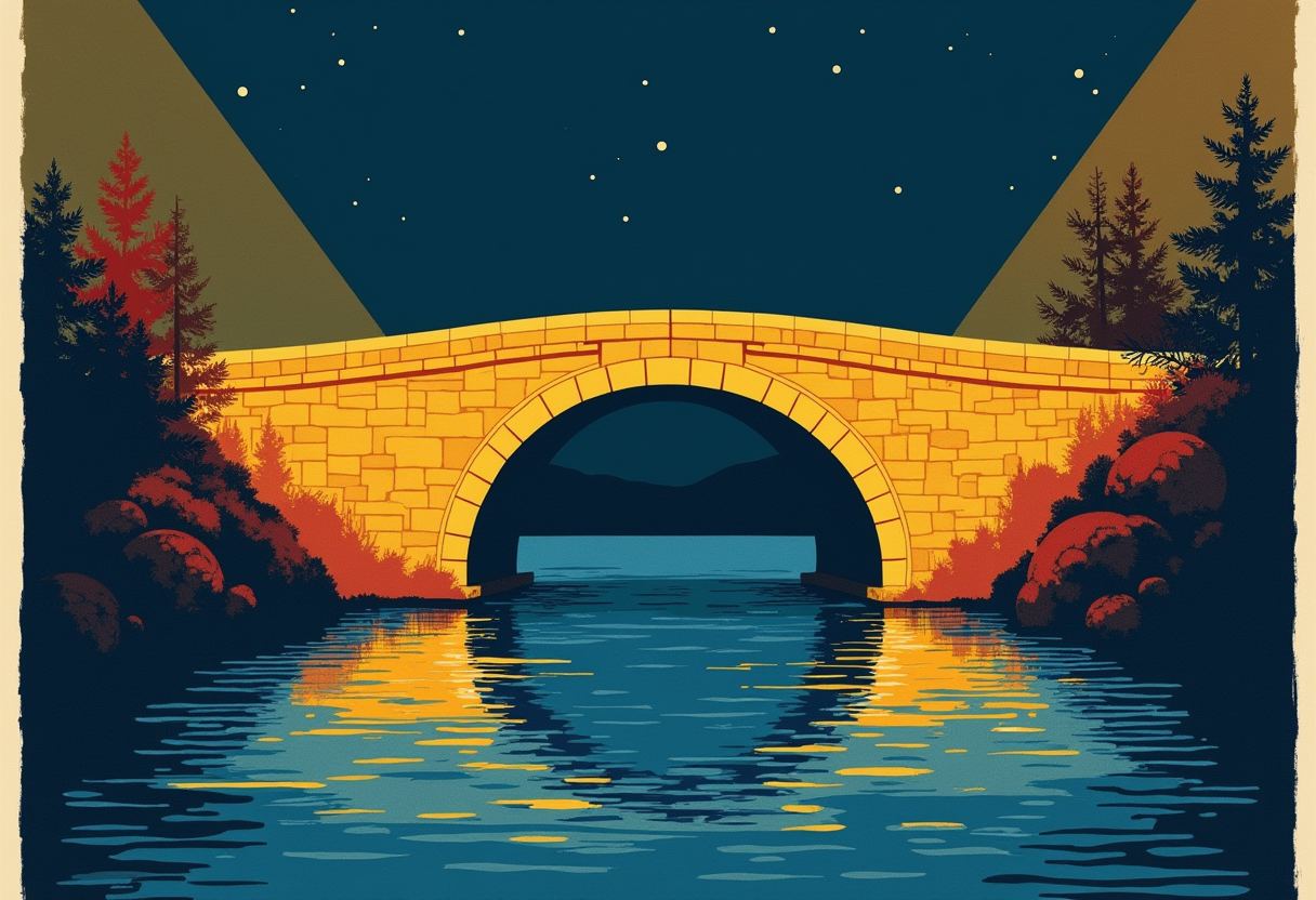 A yellow stone arch bridge spans a river at night under a starry sky, flanked by dark trees, its reflection glowing on the water.