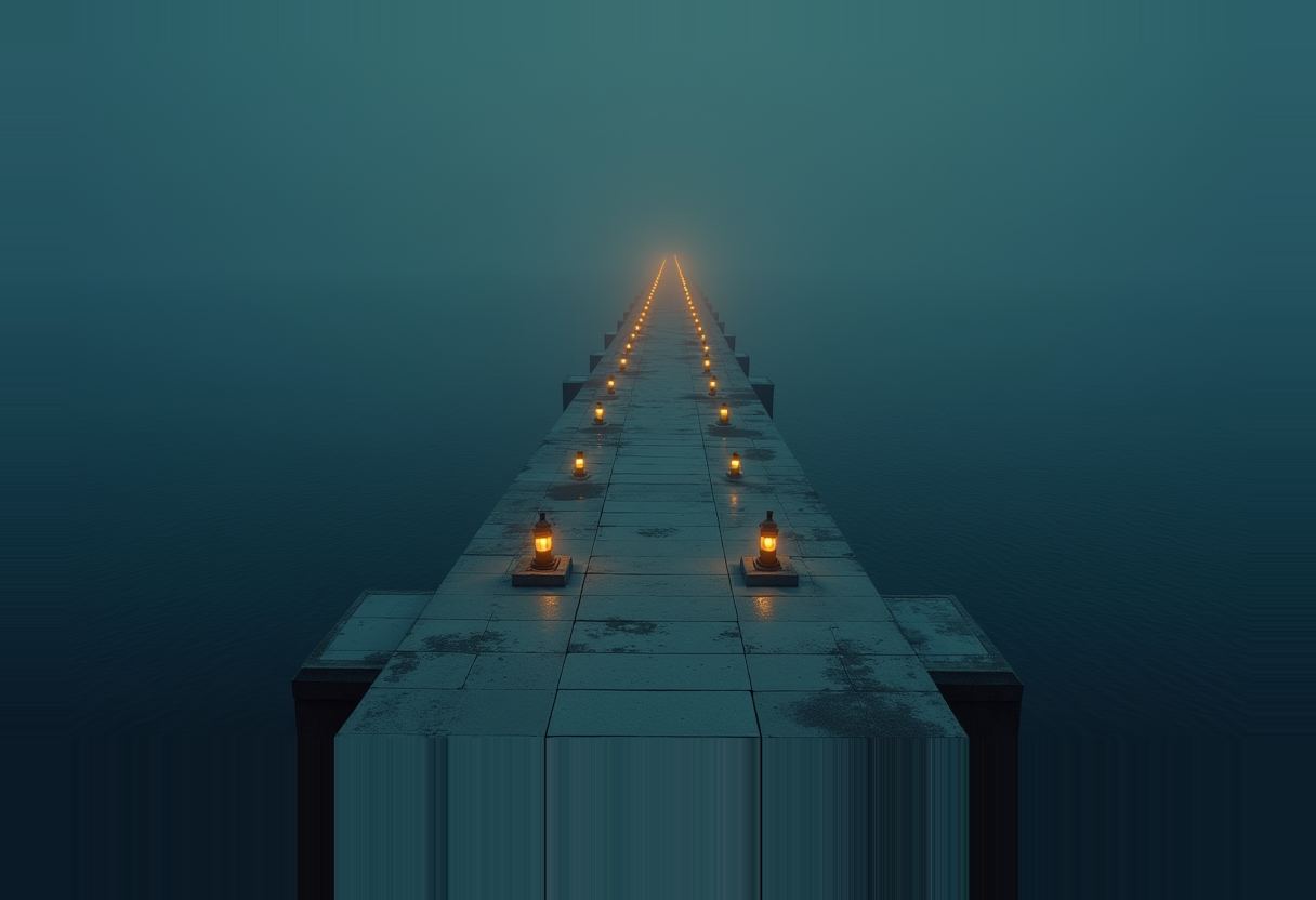 A stone pier lined with two rows of glowing lanterns stretches into fog over dark teal water, vanishing at a bright point on the horizon.