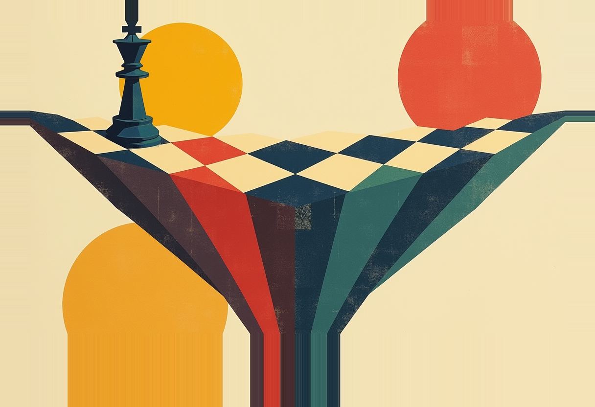 A dark king chess piece stands on a wedge-shaped, checkered platform with red and green striped underside, against cream background with orange and yellow circles.