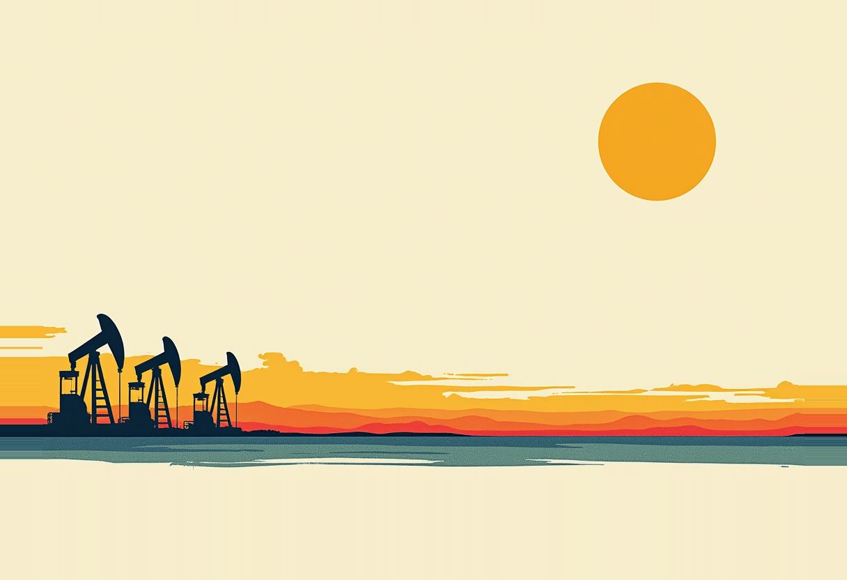 Three black oil pump jack silhouettes on a flat horizon under an orange sun, with layered orange, red, and teal bands across the sky and ground.