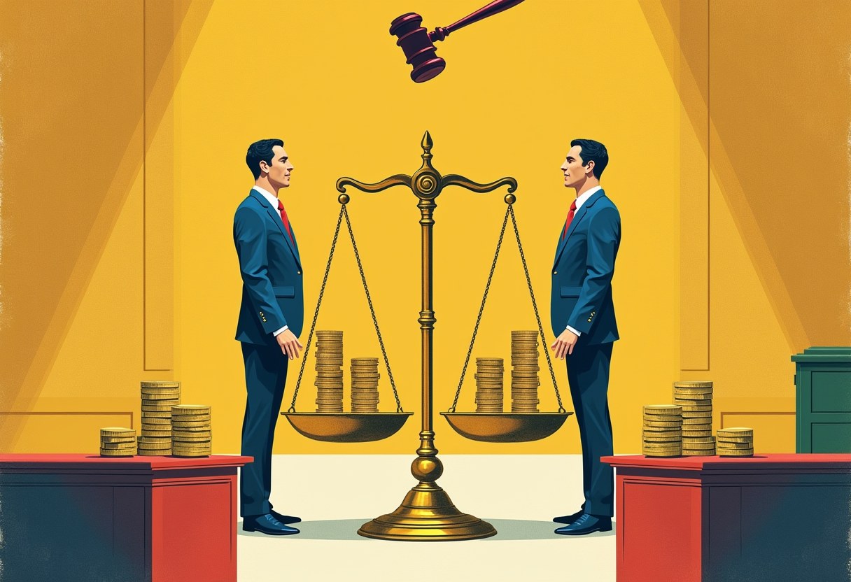 Flat risograph illustration: two identical suited figures face each other across a giant balance scale whose pans hold identical stacks of coins, a gavel descending from above in an empty courtroom