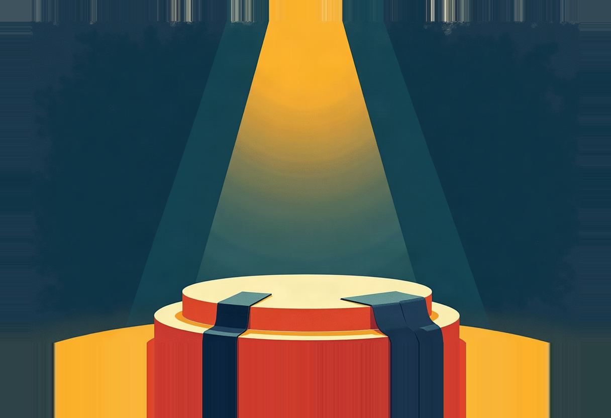 A red and dark-blue cylindrical pedestal with a pale-yellow top sits under a cone of yellow spotlight against a dark teal background.