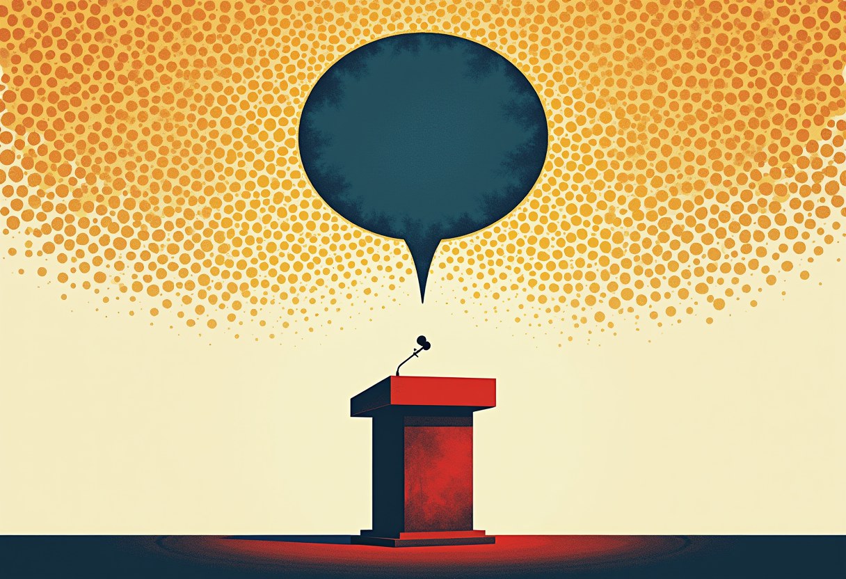 Abstract risograph poster: an empty speaking podium with a lone microphone and no person, beneath a large empty speech bubble from which a vast field of small echo-dots radiates and multiplies across the frame — a speech no one has given, already everywhere.