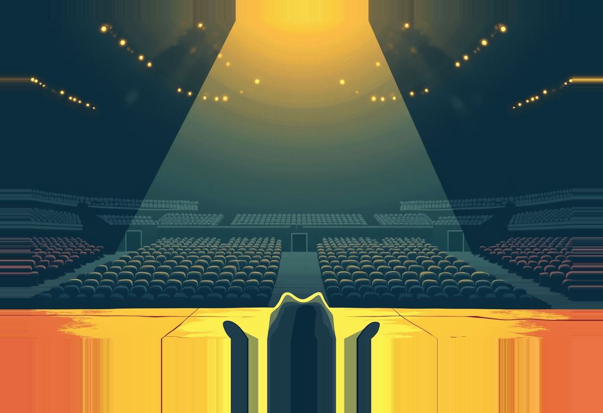 A dark stadium arena with empty red and blue seats fanning out, lit by a yellow spotlight beam, above a cracked yellow and orange stage floor with a dark silhouetted gap at its center.