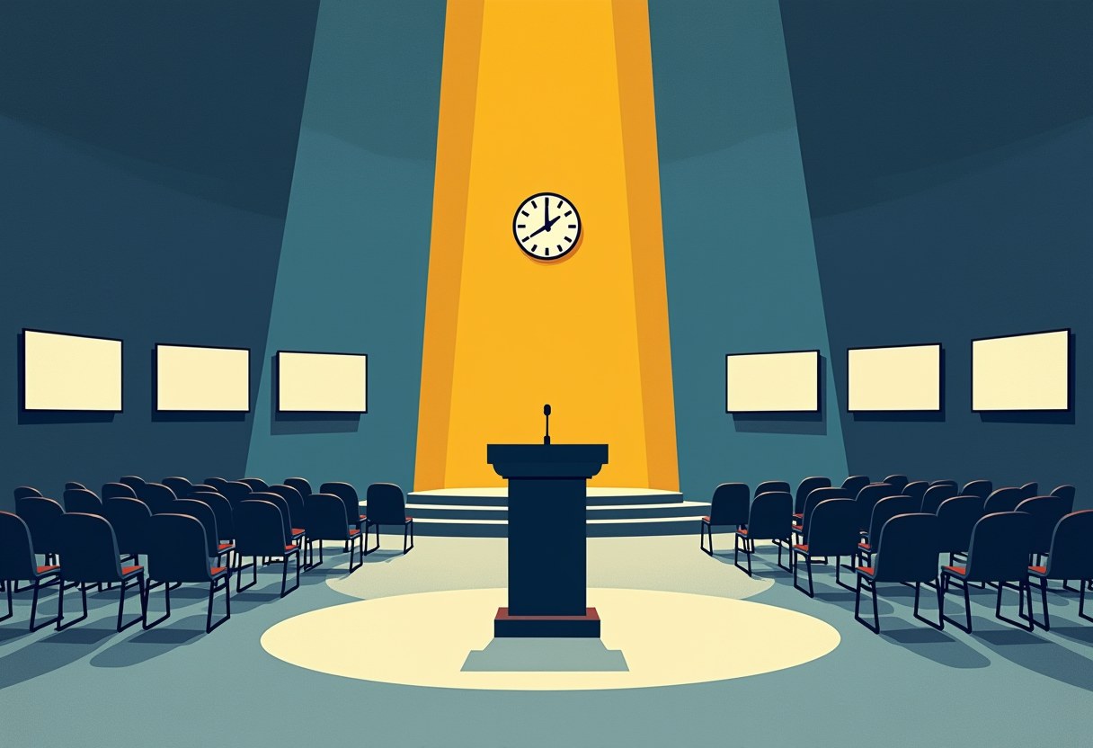 An abstract risograph of an empty stage: a vacant speaker's lectern with a microphone stands alone in a spotlight, facing a semicircle of empty chairs, with blank glowing screens on the walls and a clock above.