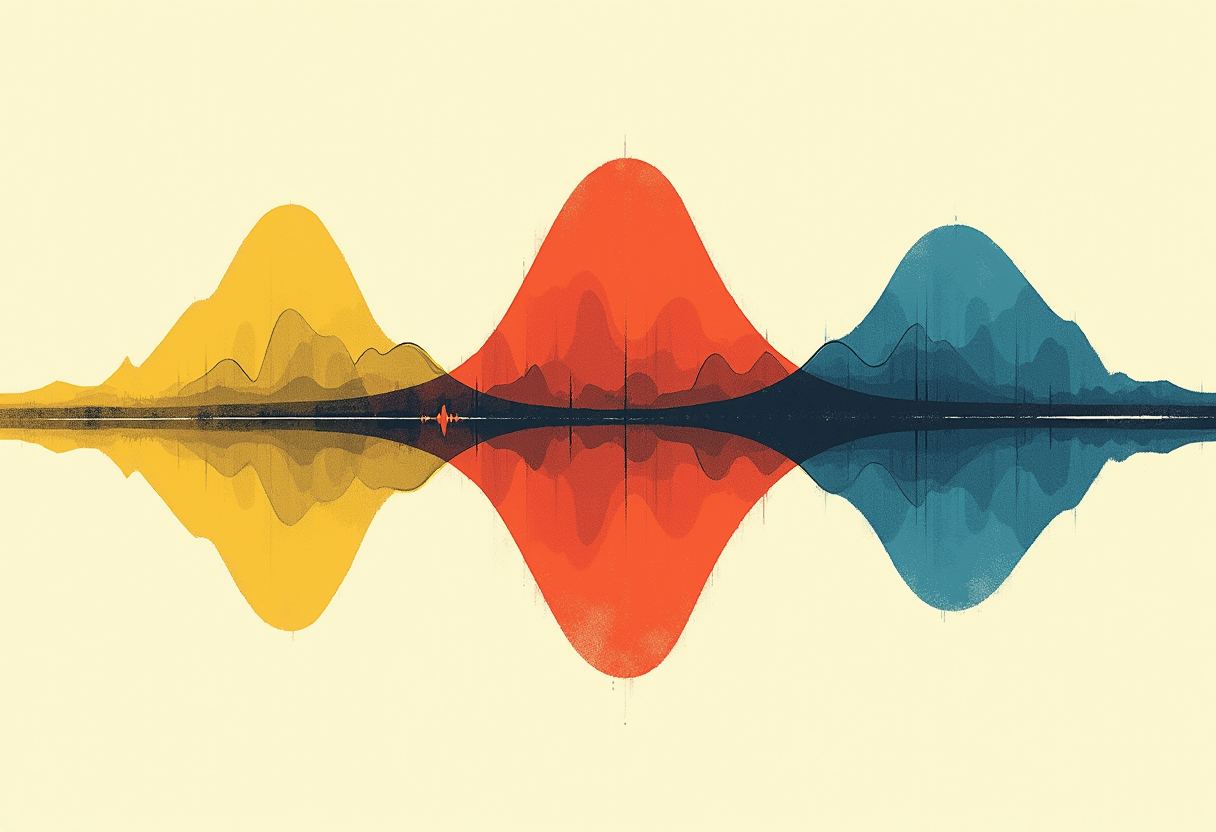 Three overlapping bell-shaped curves in yellow, red, and blue mirrored below a horizon line like reflections on water, on a cream background.