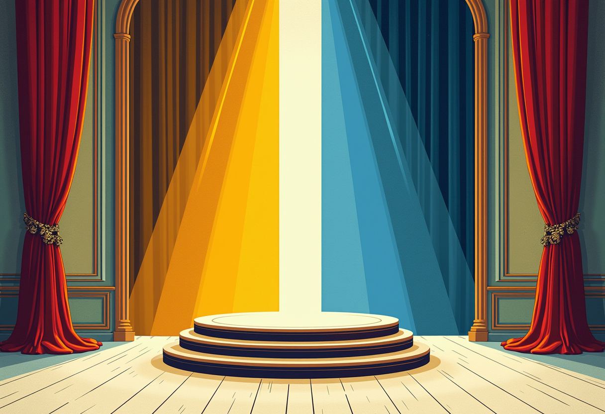 An empty round podium on a stage lit by a yellow spotlight on one side and a blue spotlight on the other, flanked by red curtains.