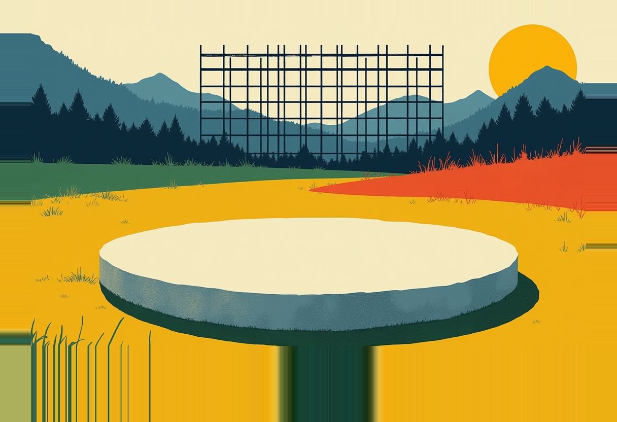 A round pale platform on a pedestal sits in a yellow field before a black wire grid, pine treeline, blue mountains, and a yellow sun.